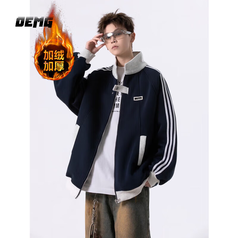 OEMG  美式撞色三条杠加绒加厚棒球服外套男士秋冬季潮牌情侣保暖夹克 加绒藏青色 【高品质】 XL [建议120-140斤]