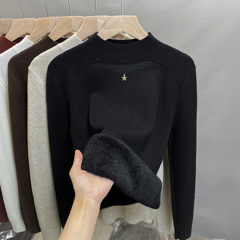 香影芬一体绒蕾丝半高领毛衣女加绒厚打底衫2025秋冬新款针织衫内搭上衣 米白色 2XL (建议125-135斤)