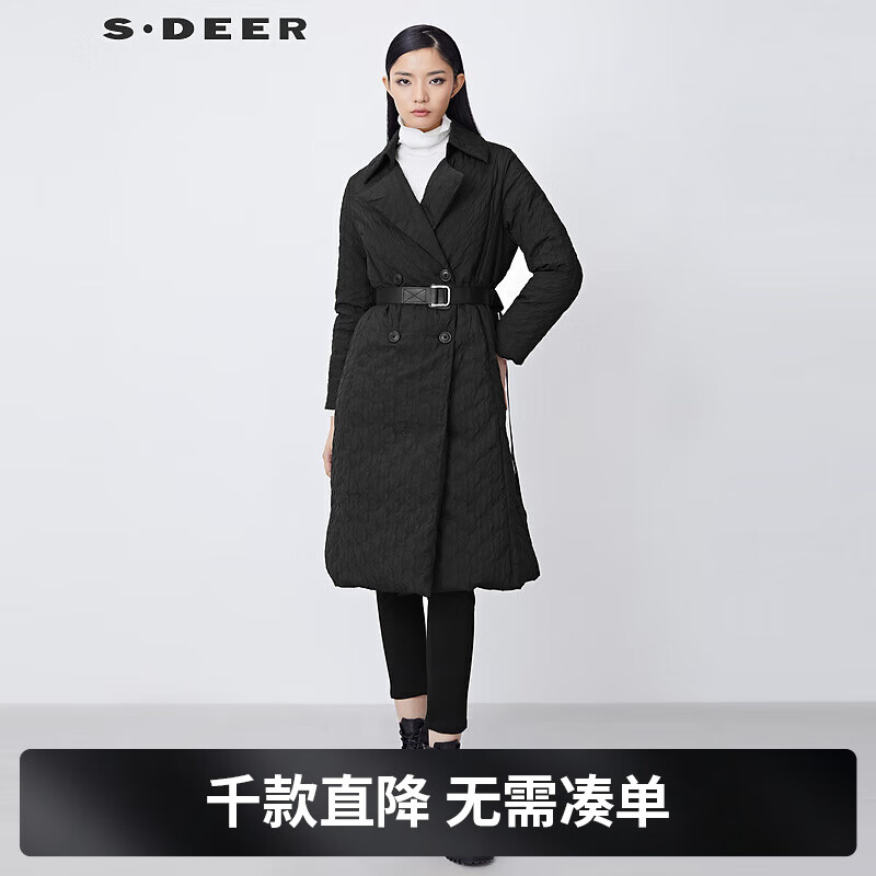 sdeer圣迪奥2021年冬季休闲翻领双排扣肌理收腰长款A字羽绒服薄女装S21482458 黑色/91 S/160