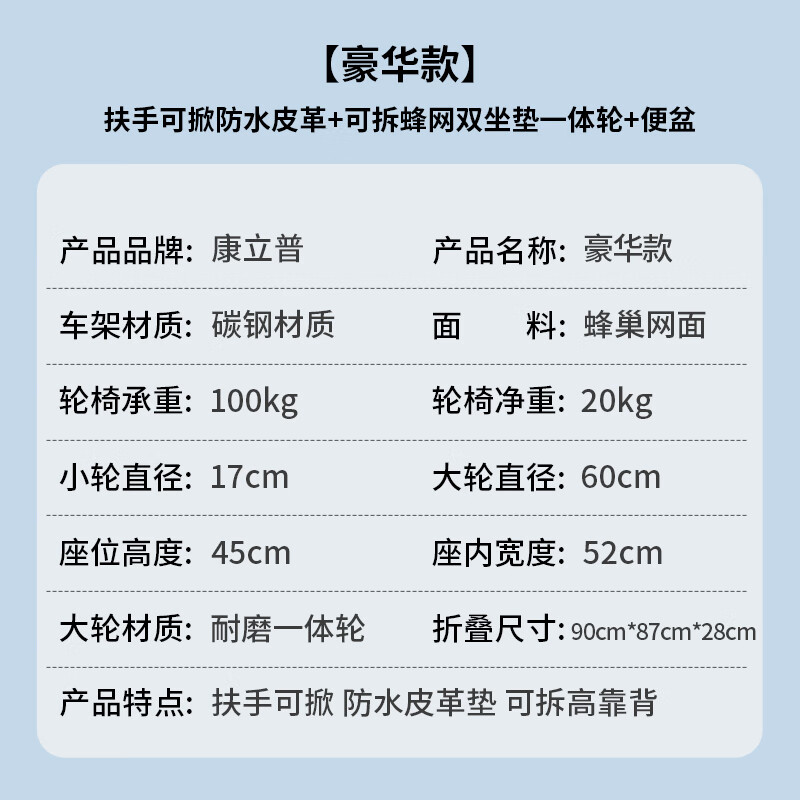 康立普(CANLIPE)轮椅瘫痪老人专用轻便全躺多功能专用出行可躺可洗澡带坐便手推车 【豪华款】扶手可掀防水皮革+可拆蜂网双坐垫一体轮