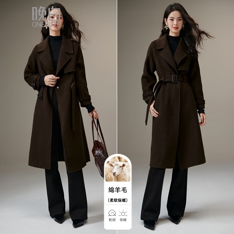 晚白【新品】2025气质设计感廓形翻驳领显瘦双面呢长款羊毛大衣外套女 咖啡色 M
