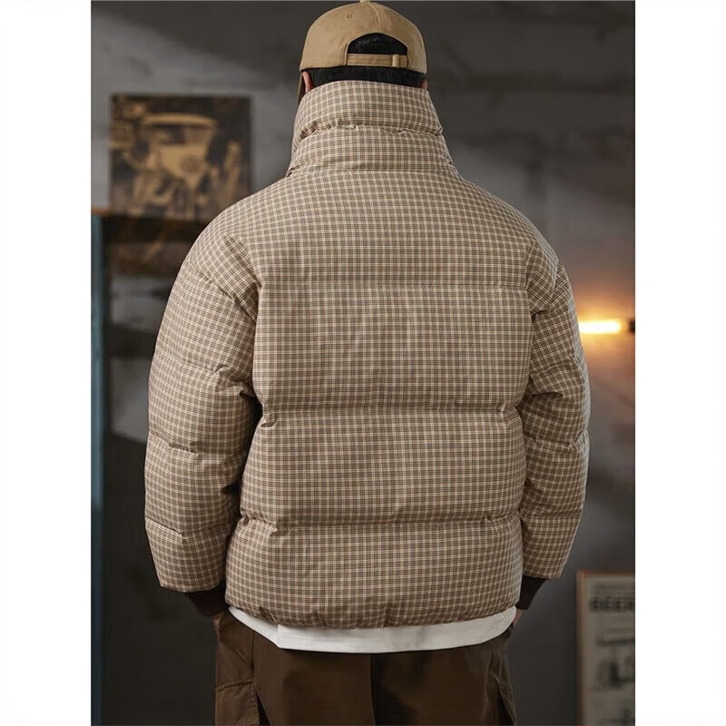 邦约恋人复古格纹翻领90鸭绒羽绒服男2025新款冬季潮牌宽松休闲面包服外套 格子咖 GY7310 3XL 建议体重 181-205斤