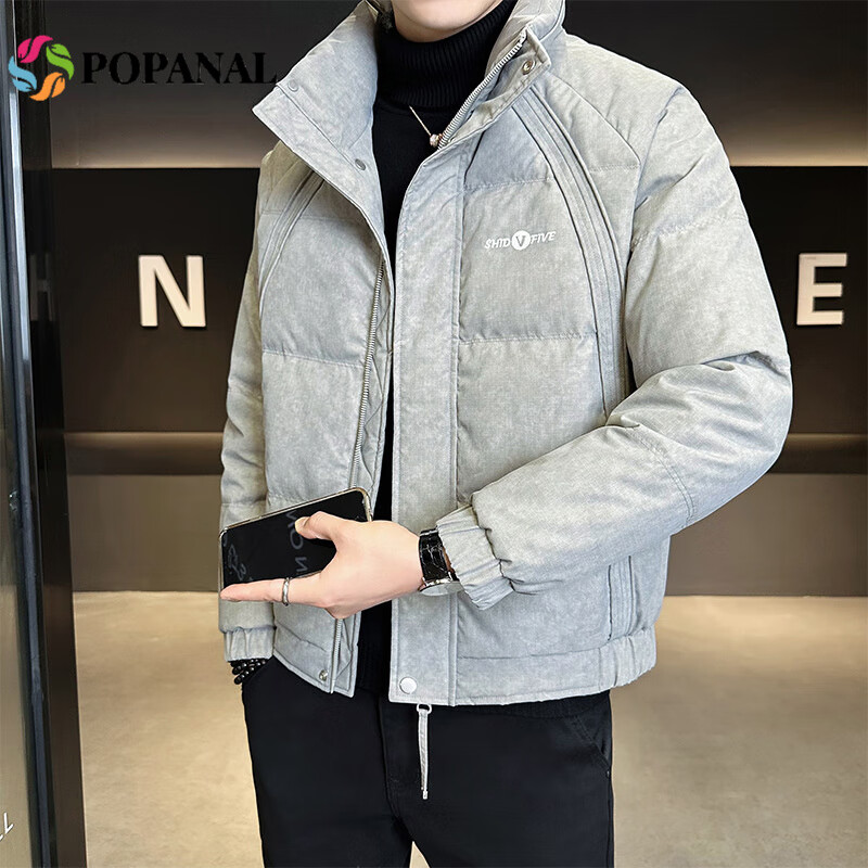 POPANAL香港潮牌2025冬季新款男士字母印花立领潮款店主风保暖羽绒服外套 灰色 M