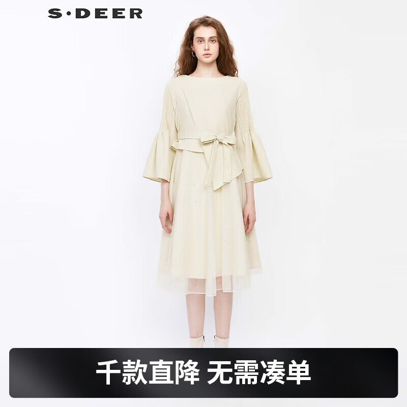 S.DEER圣迪奥女装圆领压褶网纱喇叭袖连衣裙S241Z1252 米白/48 S 160