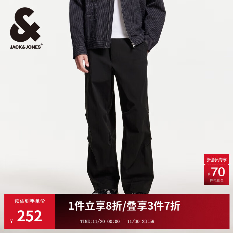 杰克·琼斯（JACK&amp;JONES）男装降落伞兵裤男秋季工装裤男裤略宽松休闲裤轻薄款潮流裤子男士 E39黑色 31 175