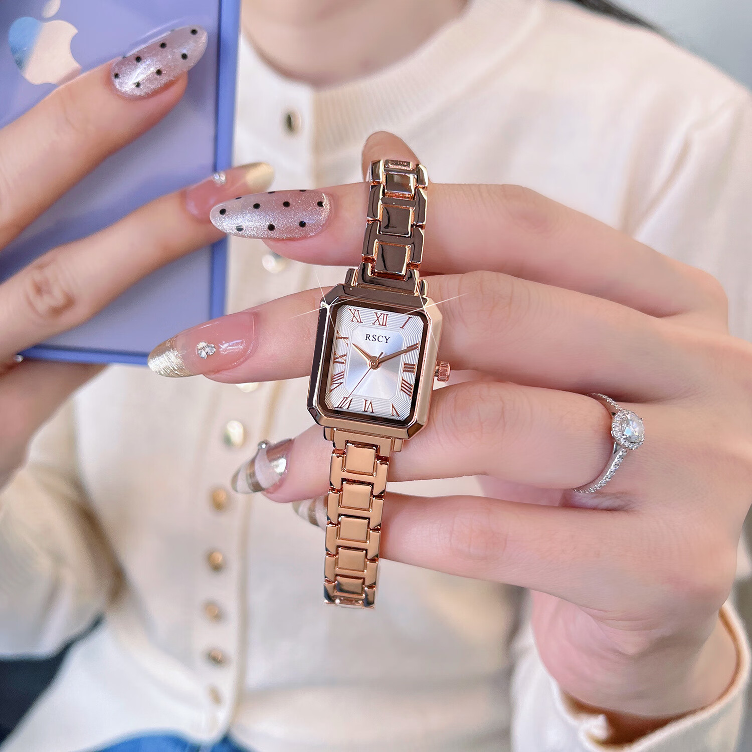 方糖手表女2026新款轻奢小众高级感机械风格名牌正品石英女表礼物 玫金色