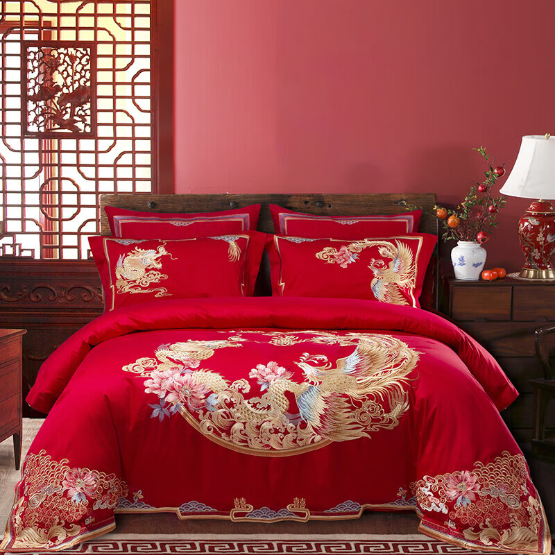 凱盛家紡紅色純棉結(jié)婚四件套新婚大紅婚慶繡花六件套床上用品陪嫁 如圖 適用1.8米床建議搭配220*240cm被