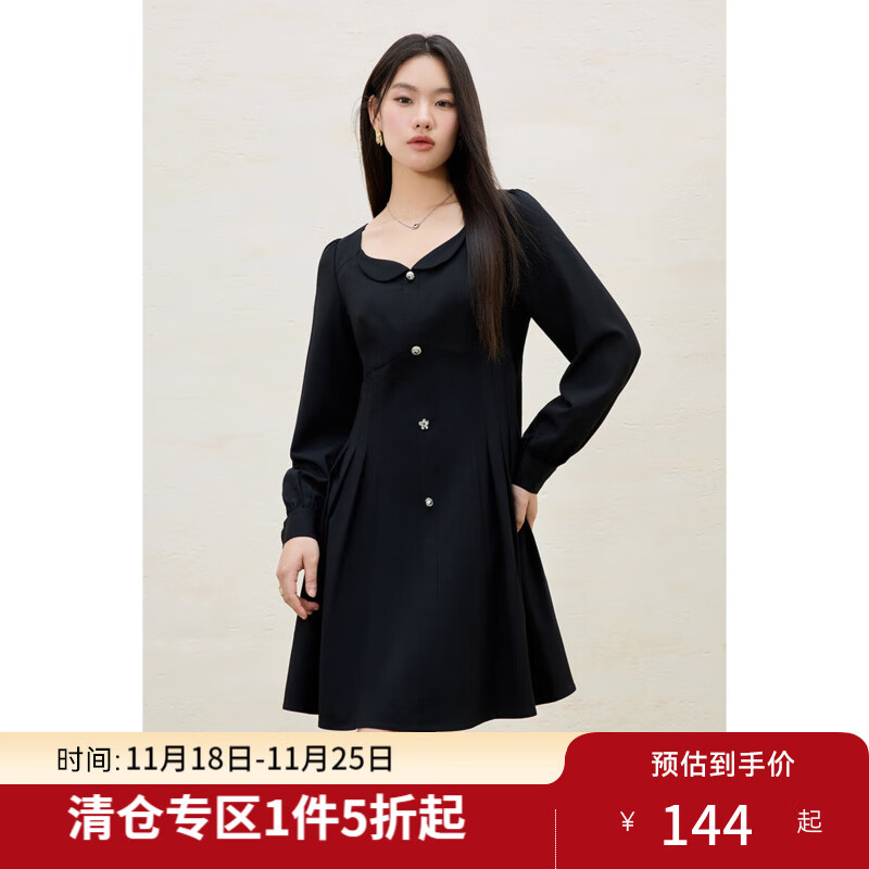 独束大码女装法式赫本风方领连衣裙女2025春装收腰显瘦小黑裙 赫本黑 XL （尺码：3） (尺码：3)