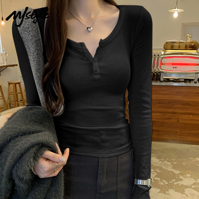 MJ STYLEU领开扣修身长袖T恤女2026年春秋女装新款修身显瘦亲肤内搭打底衫