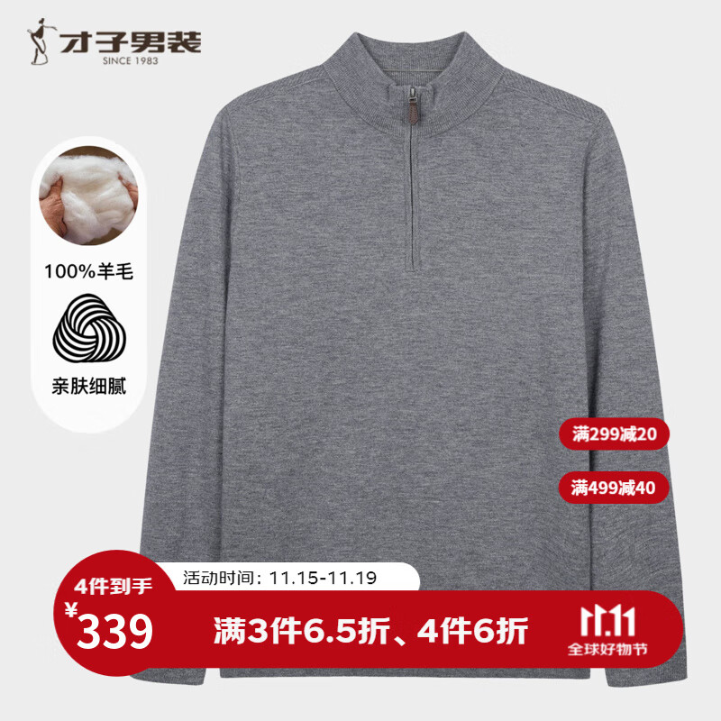才子（TRIES）商务男士半高领羊毛衫秋冬纯色毛衣男100%纯羊毛轻奢保暖针织衫 灰色 XL 50 175/92A