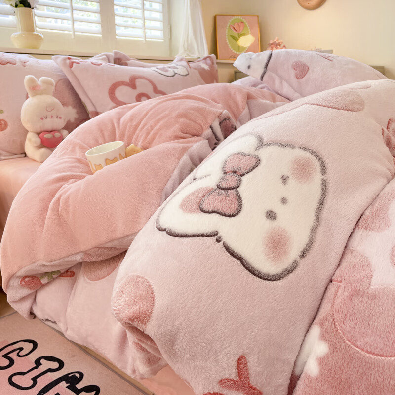 猫人冬季加厚珊瑚绒保暖雪花牛奶绒床上四件套床单被套三件套床品 花花粉兔【双面加绒加厚舒适裸睡】 床单款 1.2m三件套【适150*200cm被芯】