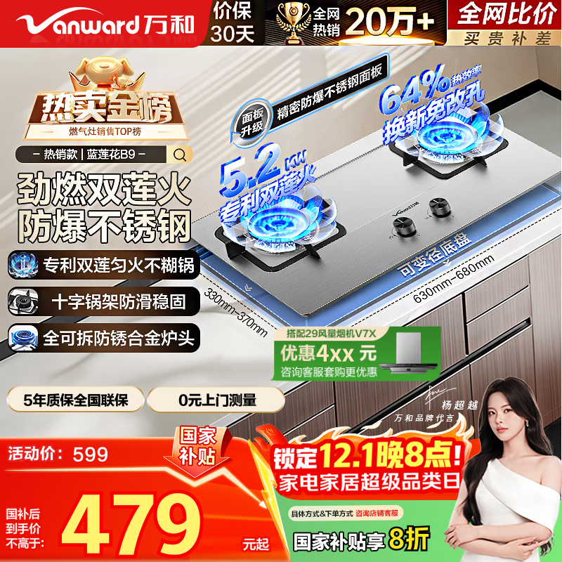 万和（Vanward）【蓝莲花B9·5.2kW】天然气燃气灶不锈钢猛火烟灶联动国家补贴20%嵌入式家用煤气双炉具台B9B50