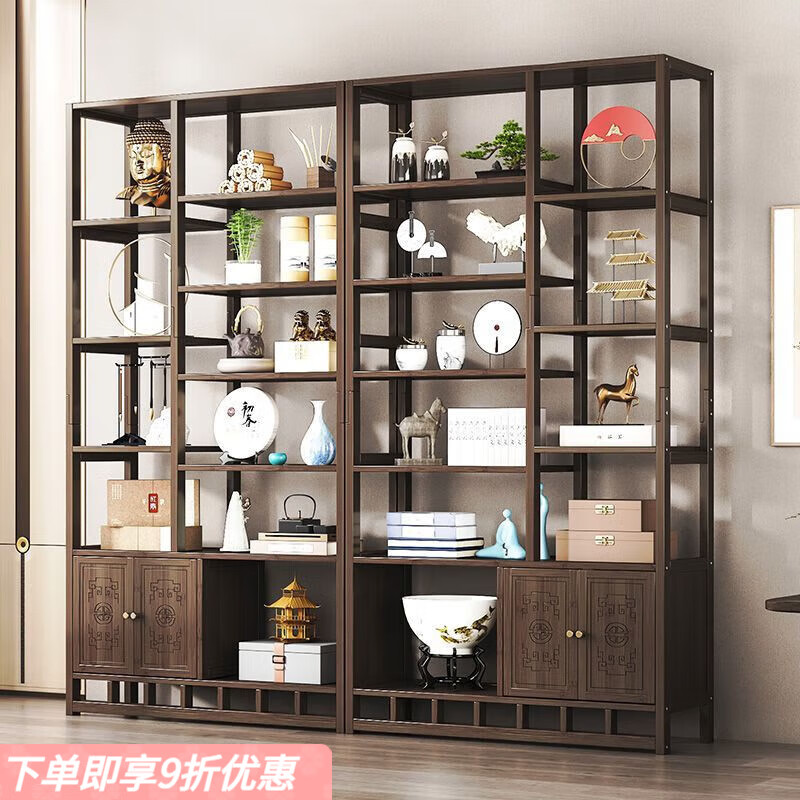 弘星隆博古架加高新中式茶具茶叶置物架摆件柜客厅隔断书架收纳展示柜子 【胡桃色】200CM加高款 80长简易无门款