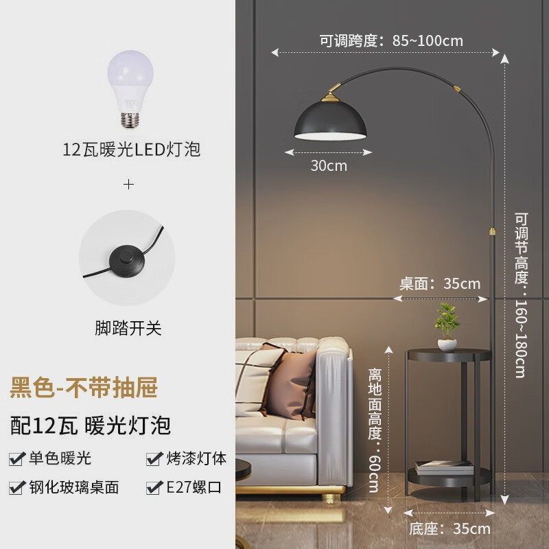 杜君釣魚燈落地?zé)艨蛷d輕奢北歐創(chuàng)意沙發(fā)燈網(wǎng)紅臥室置物架茶 黑色+12瓦暖光