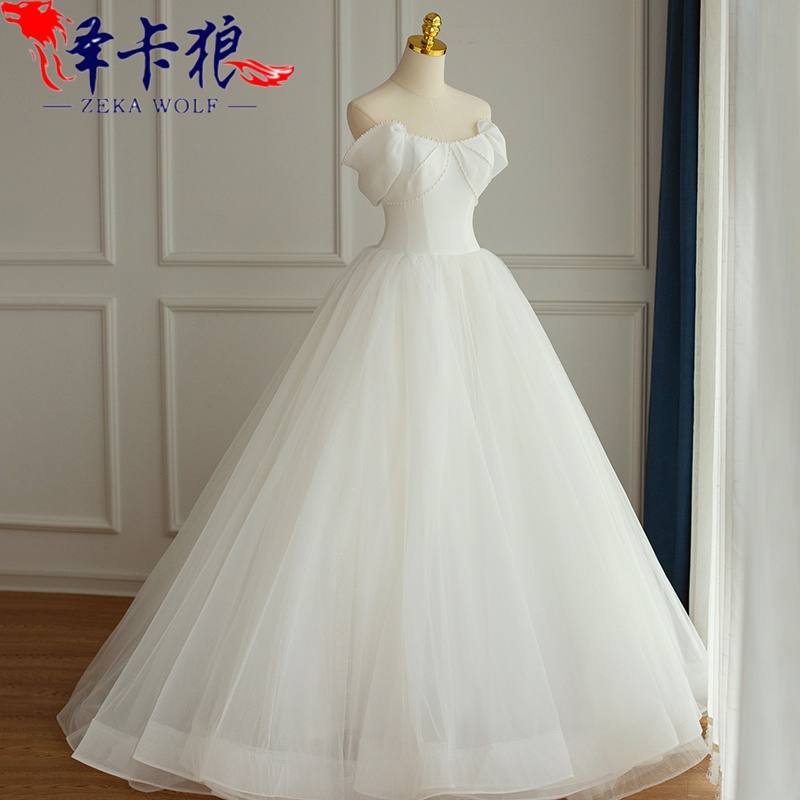 泽卡狼泽卡狼在逃公主婚纱女法式超仙小个子新娘结婚一字肩抹胸蓬蓬裙