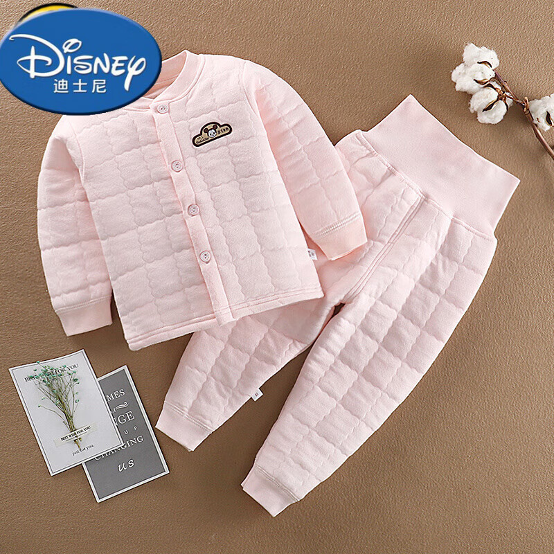 迪士尼（Disney）婴儿保暖内衣套装春秋季加厚新生儿衣服纯棉宝宝秋装儿童夹棉秋冬 粉色无骨-对开 73 cm