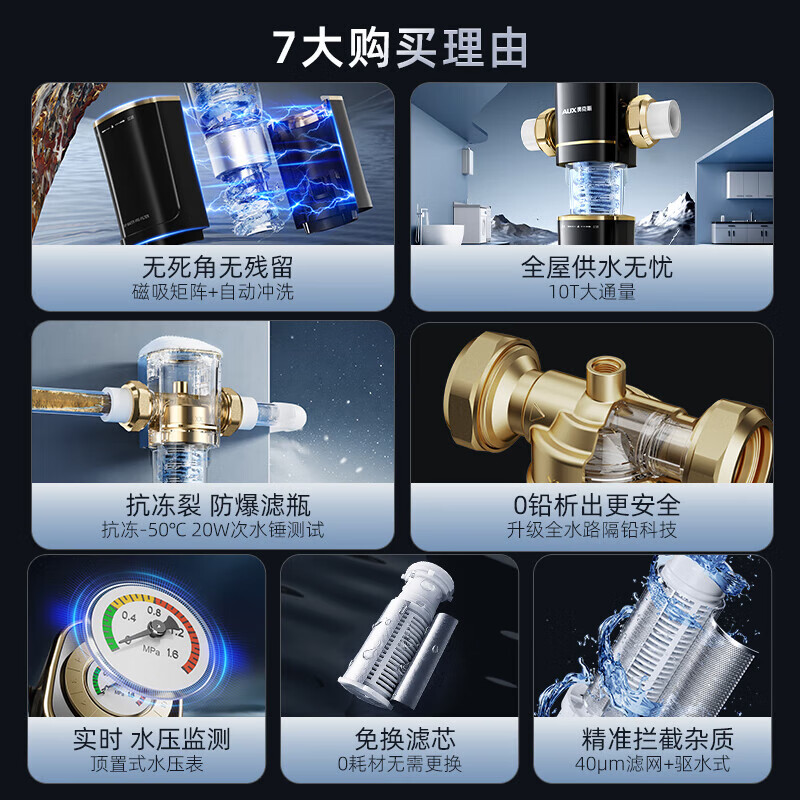 奥克斯（AUX）前置过滤器10T大通量自动清洗全屋自来水过滤器40微米水动力反冲洗家用净水器Q9Pro 全屋家用净水器【自动清洗】