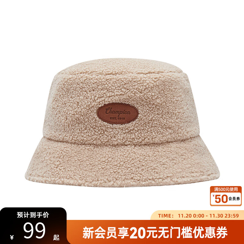 Champion冠军膨膨美颜帽女冬季新款仿羊羔绒保暖渔夫帽盆帽潮流 浅卡 均码