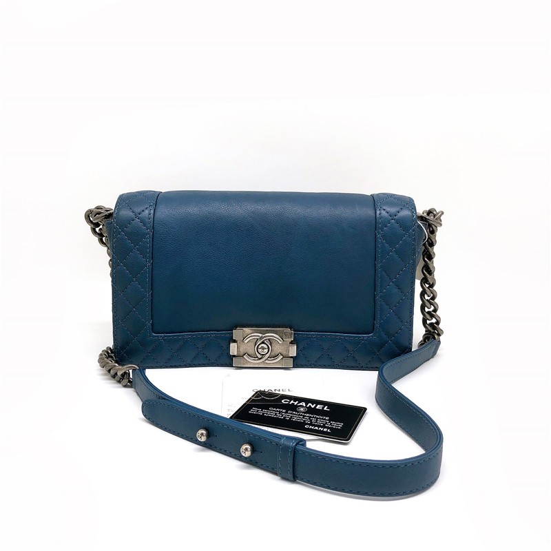 二手95新】香奈儿 女包 蓝色牛皮银链中号leboy单肩斜挎包 18开 尺寸