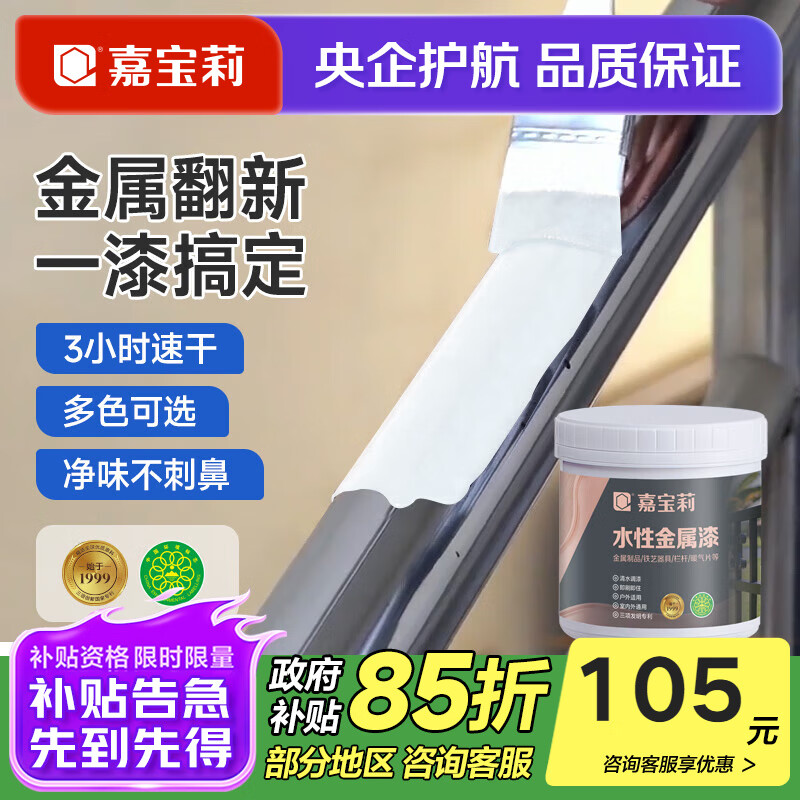 嘉宝莉（CARPOLY）水性金属漆防腐防锈漆改色漆铁门翻新漆栏杆不锈钢石膏板油漆涂料 白色【防锈漆|净味速干】 0.5KG刷2-2.5平米(送工具)