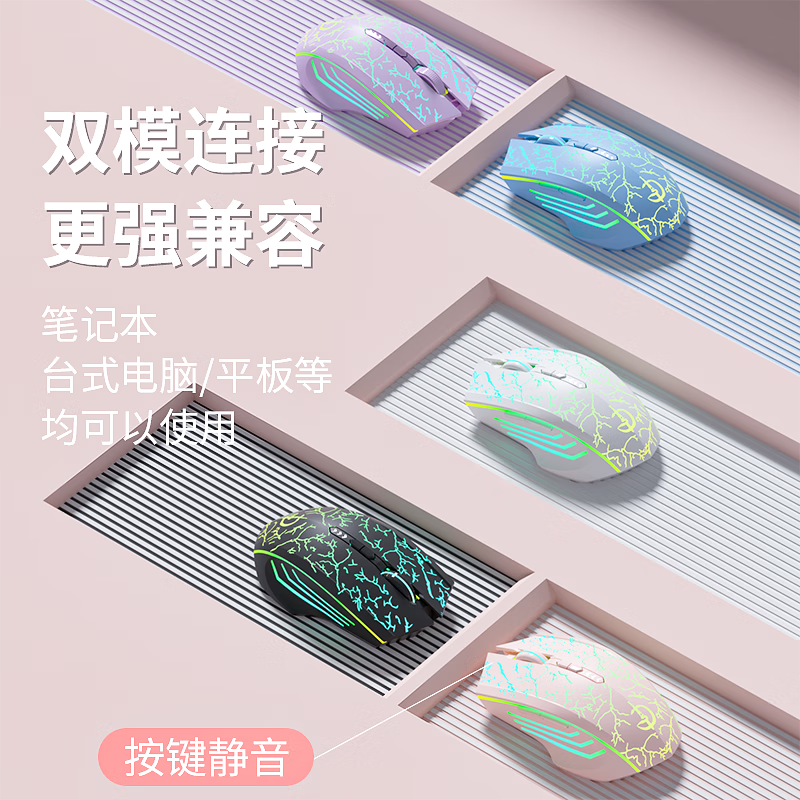 GIYEO无线鼠标 游戏鼠标有声 静音鼠标 蓝牙鼠标 电竞外设 办公鼠标 RGB灯效宏编程 笔记本电脑台式通用 裂纹白【无电显】 【2.4G无线单模】RGB灯+2400DPI+静音