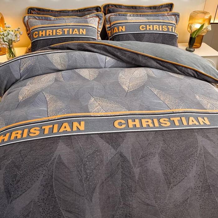 加厚牛奶绒四件套珊瑚绒法兰绒床裙款加绒被套被罩床上用品三件套 玫瑰花语-咖 床裙款 1.5m床四件套-被套200*230