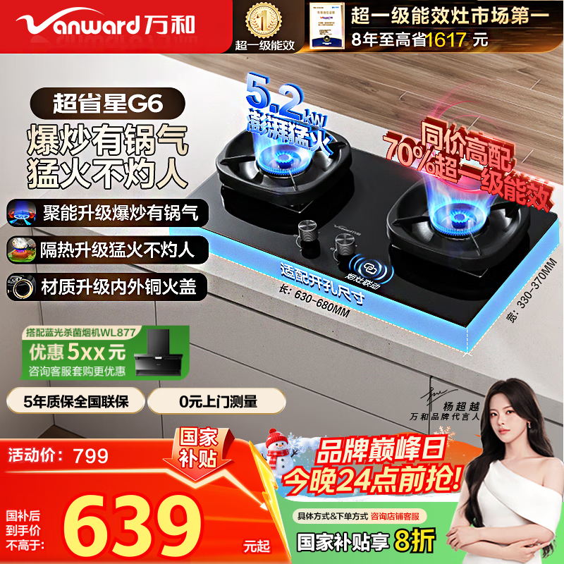 万和（Vanward）【超省星G6·70%热效率】天然气燃气灶5.2kW猛火烟灶联动国家补贴20%嵌入式家用煤气双炉具台G6L50