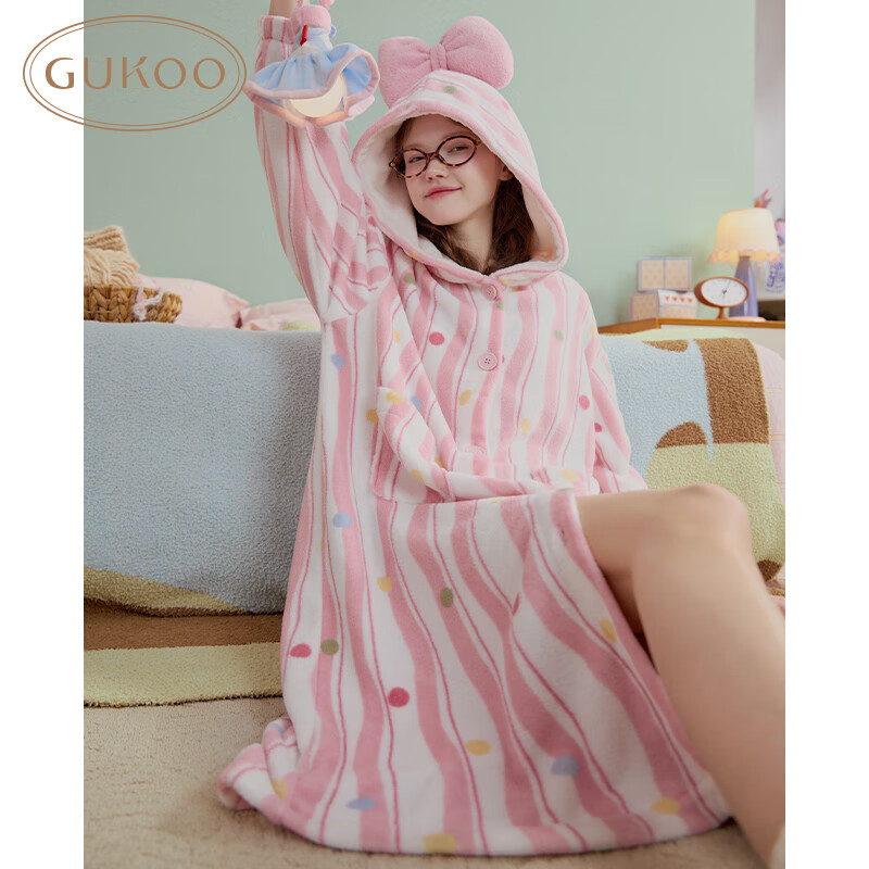 gukoo睡衣女冬季毛绒保暖满印条纹立体蝴蝶结甜美连帽女士家居服睡袍d