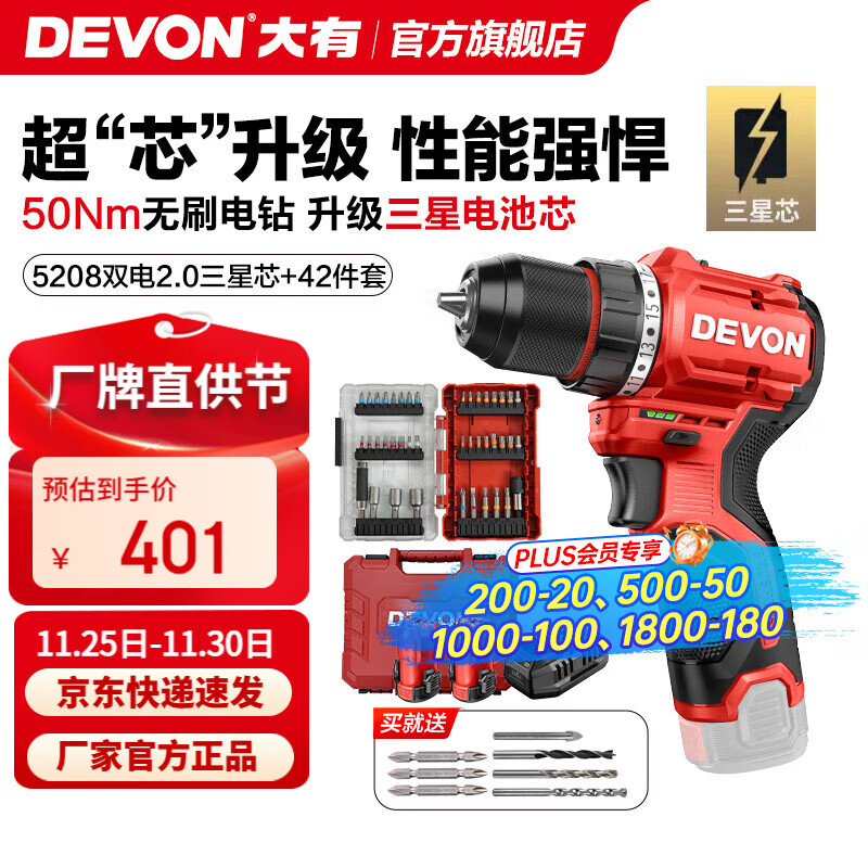 大有（Devon）12V锂电无刷电钻5208手电钻冲击钻5209电动螺丝刀家用电钻DD121 5208 2.0Ah双电快充三星芯+42件套
