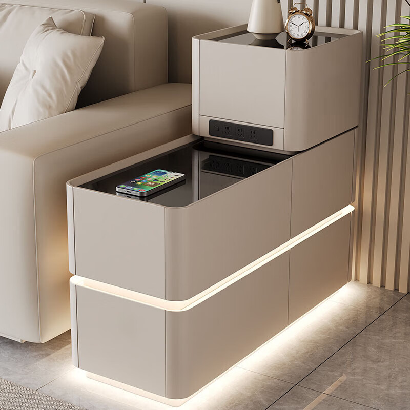 轻奢智能沙发边柜客厅高级感边几新款实木侧边柜简约置物柜收纳柜 钢化玻璃台面+公牛插座+语音灯 宽40*深90*高85-侧边抽屉方向备注