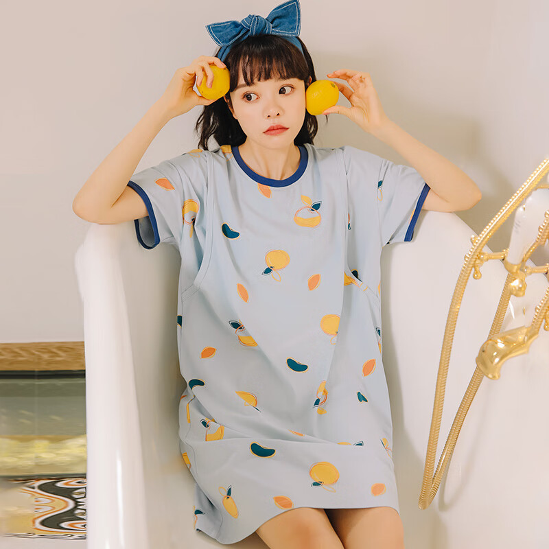 米度麗孕婦睡衣夏季薄款短袖哺乳睡裙夏天喂奶連衣裙家居裙子月子服夏裝 款式一藍(lán)色 M