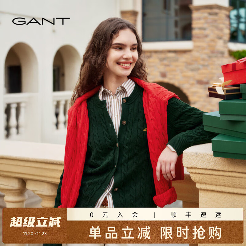 GANT【绞绞者】/甘特2025新款女装圆领纯棉复古风绞花长袖针织开衫 374-墨松绿【开衫】 M