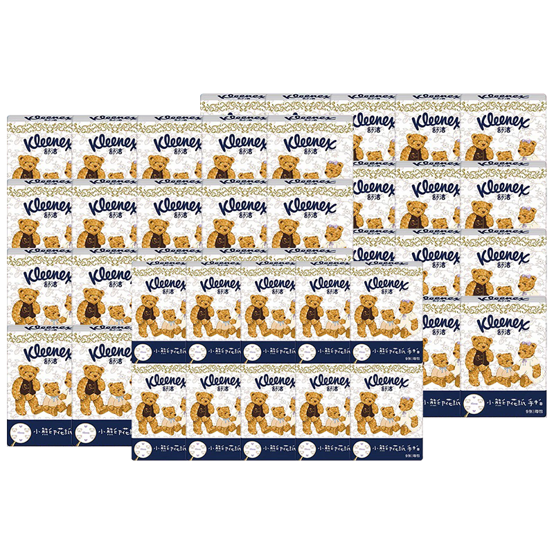 舒潔（Kleenex）小熊印花手帕紙3層9抽無香便攜式可愛小包裝紙巾隨身紙巾小包 小熊手帕紙 3層 9張*100包