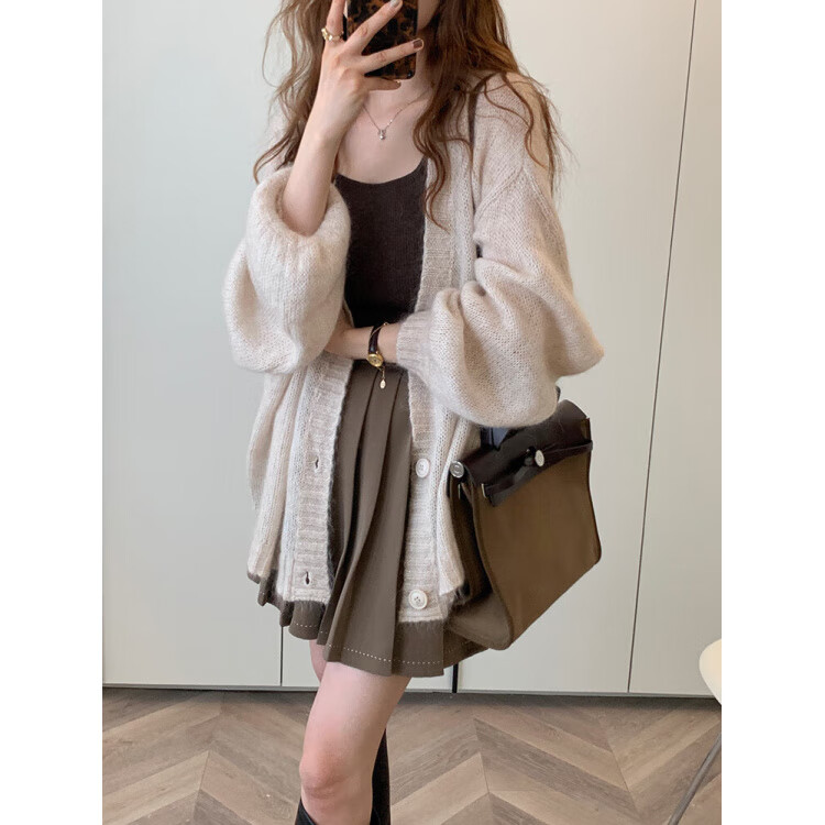 小红书爆款小红书爆款泡泡袖杏色针织外套开衫女早春薄款宽松慵懒 杏色[秋季穿搭/奶fufu慵懒毛衣/女神范/赫本风 S 80-95斤