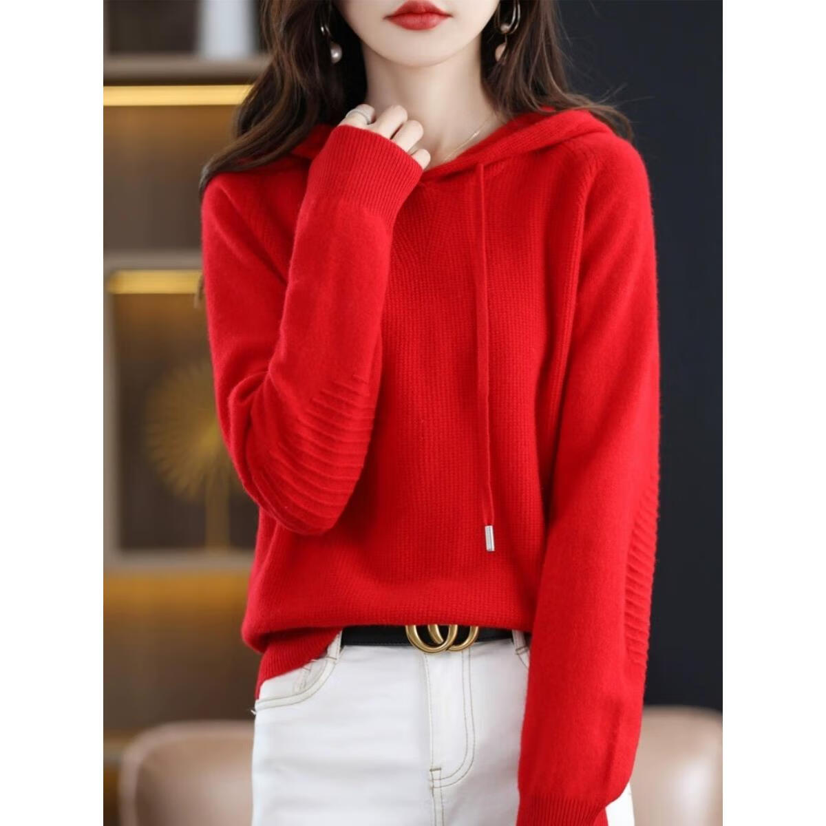 EMZ鄂尔多斯2025年春秋冬新款秋冬季带帽羊毛衫女士毛衣宽松连帽针织 中国红 中国红 S