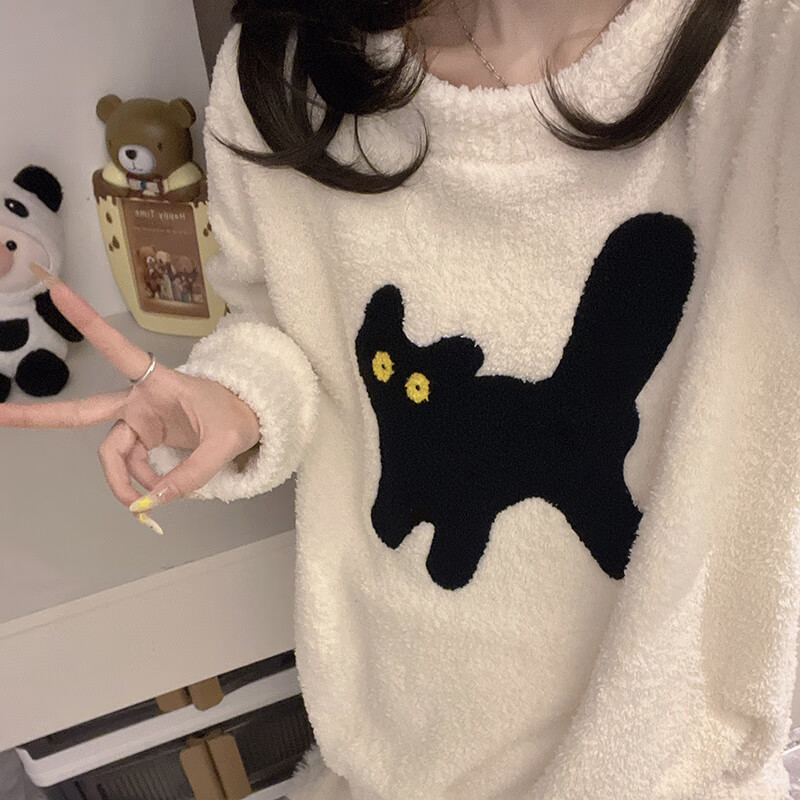 都市丽人睡衣套装女士秋冬季2025新款加绒加厚家居服可爱半边绒睡衣可外穿 可爱小黑猫 XL  （建议120-140斤）