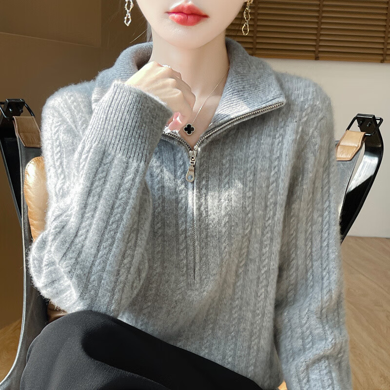 鹿王（KING DEER）鹿王半高拉链领羊绒衫女宽松显瘦针织毛衣加厚羊毛衫冬 灰色 L 建议110-120斤穿