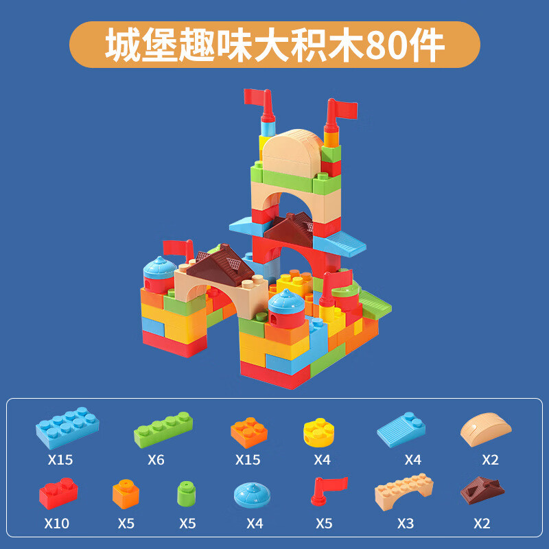童才（TongCai）室内早教中心大颗粒宝宝拼搭城堡建造大积木儿童塑料益智拼插建构 城堡趣味大积木80件
