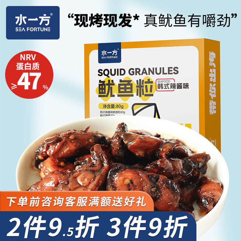 水一方现烤鱿鱼粒盒装海鲜零食大连特产大连伴手礼送礼开袋即食新鲜短保 韩式辣酱味鱿鱼粒80g