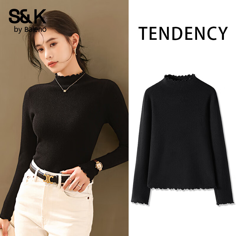 班尼路（Baleno）S&amp;K系列毛衣女装加厚保暖半高领针织衫内搭秋装新款木耳边上衣服 黑#纯色 【木耳边毛衫】 L