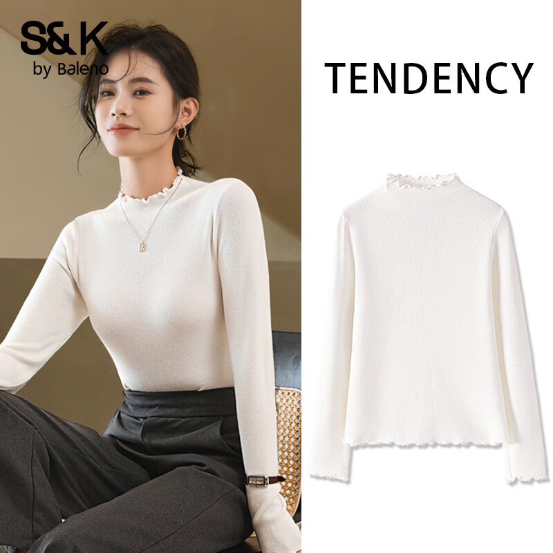 班尼路（Baleno）S&amp;K系列毛衣女装加厚保暖半高领针织衫内搭秋装新款木耳边上衣服 白#纯色 【木耳边毛衫】 M