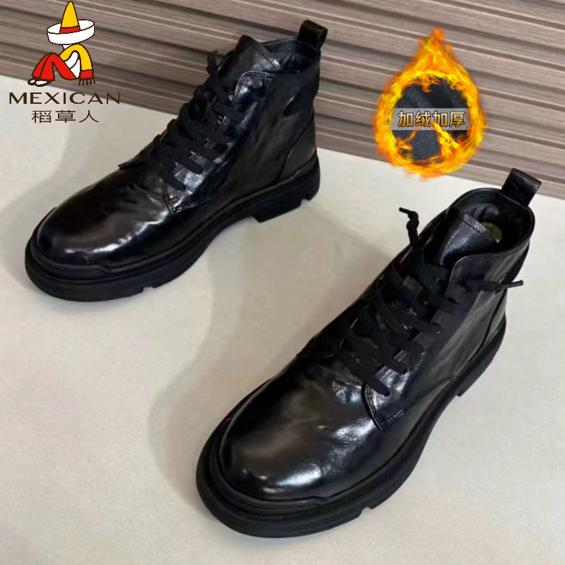 稻草人（MEXICAN）2026新款秋冬季新款马丁靴男头层水牛皮帅气百搭高帮皮鞋男靴子 加绒8888 41 【标准皮鞋码】