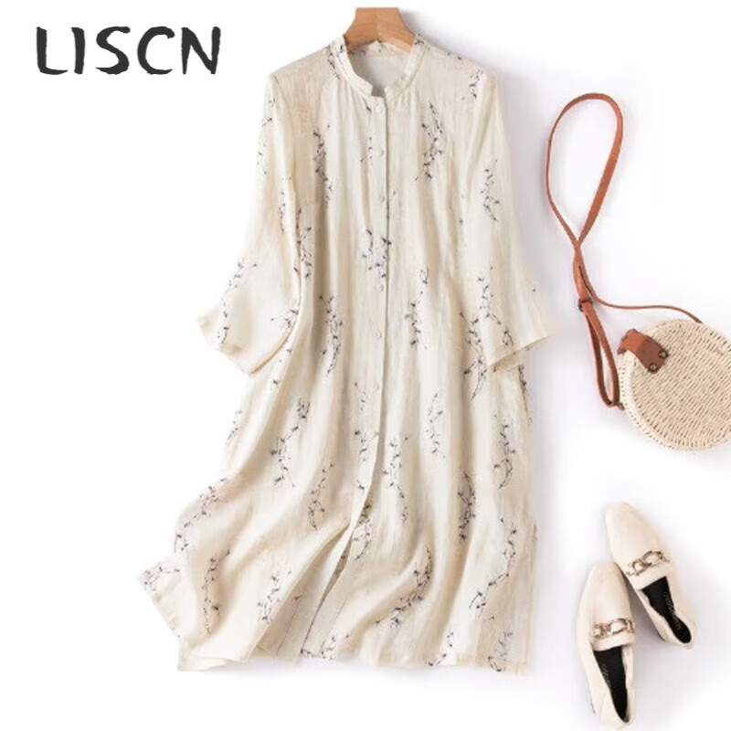 LISCN復(fù)古苧麻印花襯衫女中長款夏季亞麻七分袖防曬開衫外搭麻料上衣薄 淺杏色 M 95-115斤