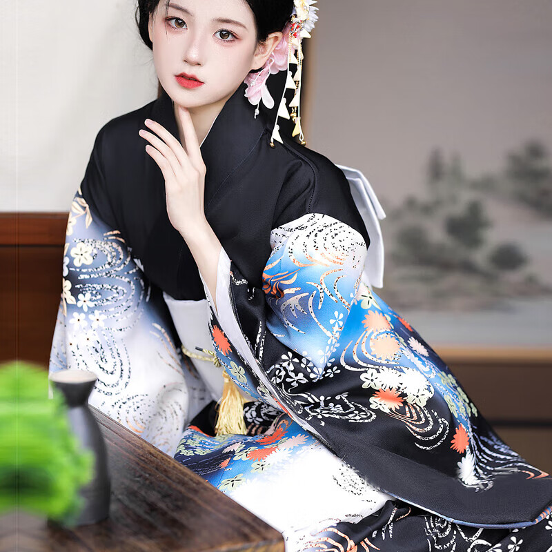 和服日式正装女神明少女传统改良连衣裙常规款美容院浴衣 黑色花纹(送