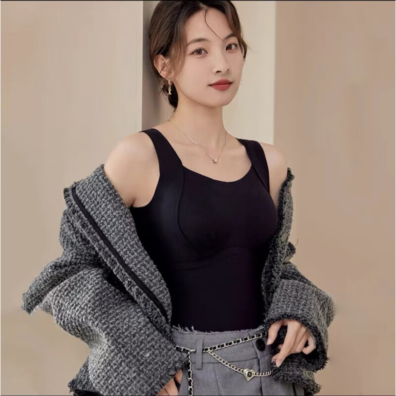 DAPHNE达芙妮【H】保暖背心女一体式带胸垫固定杯秋冬加绒加厚内衣一体式 黑色【保暖内衣带胸垫】 2XL(140-160斤)