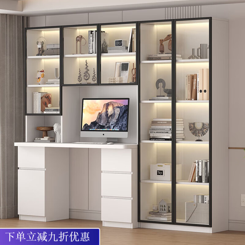 倘然之家实木书桌书架组合简约台式电脑桌书柜一体家用儿童卧室学生学习桌 白色*送货入户【加厚桌面2.5】不含灯 长80/宽50/高195