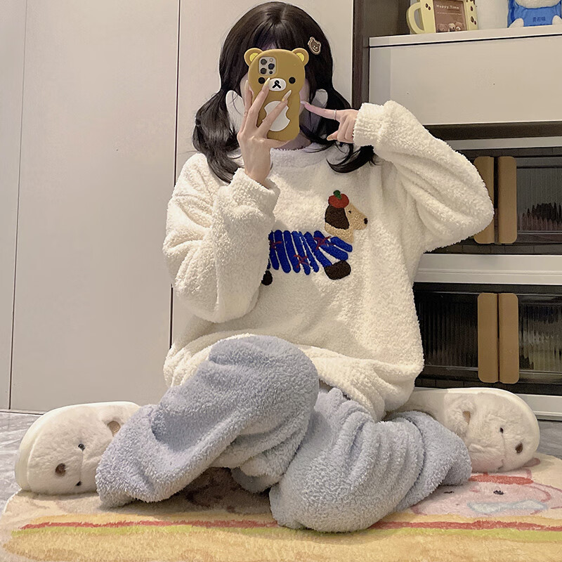 都市丽人睡衣女士秋冬季2025新款加绒加厚家居服可爱半边绒睡衣套装可外穿 线条小狗 2XL （建议140-160斤）