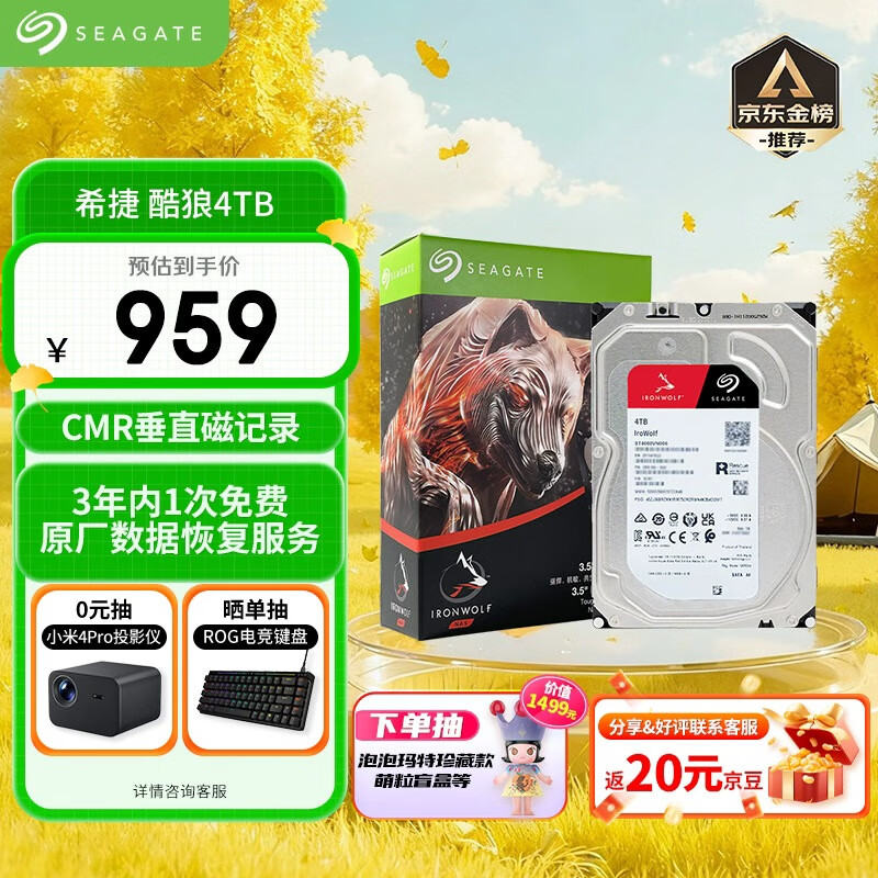 希捷(SEAGATE)NAS硬盘 4TB 256MB 机械硬盘 CMR垂直 静音低耗 数据恢复服务 3.5英寸 希捷酷狼 ST4000VN006