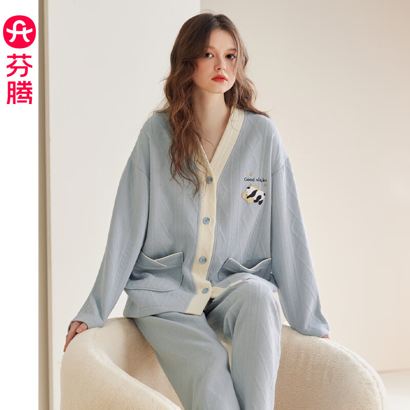 芬腾女士睡衣空气棉夹层纯棉加厚长袖秋冬季套装加大码家居服春秋 J98431843冰兰 S 155