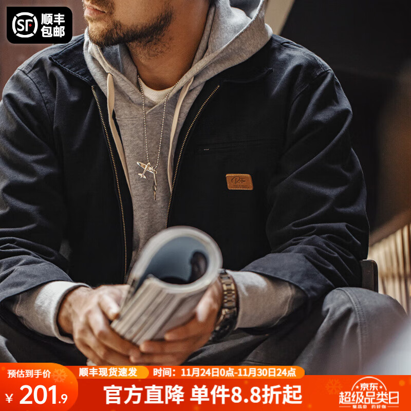 马登工装底特律猎装夹克男美式复古J001巴恩风翻领谷仓外套秋季新款 黑色 【男士休闲外套/高级感痞帅】 L